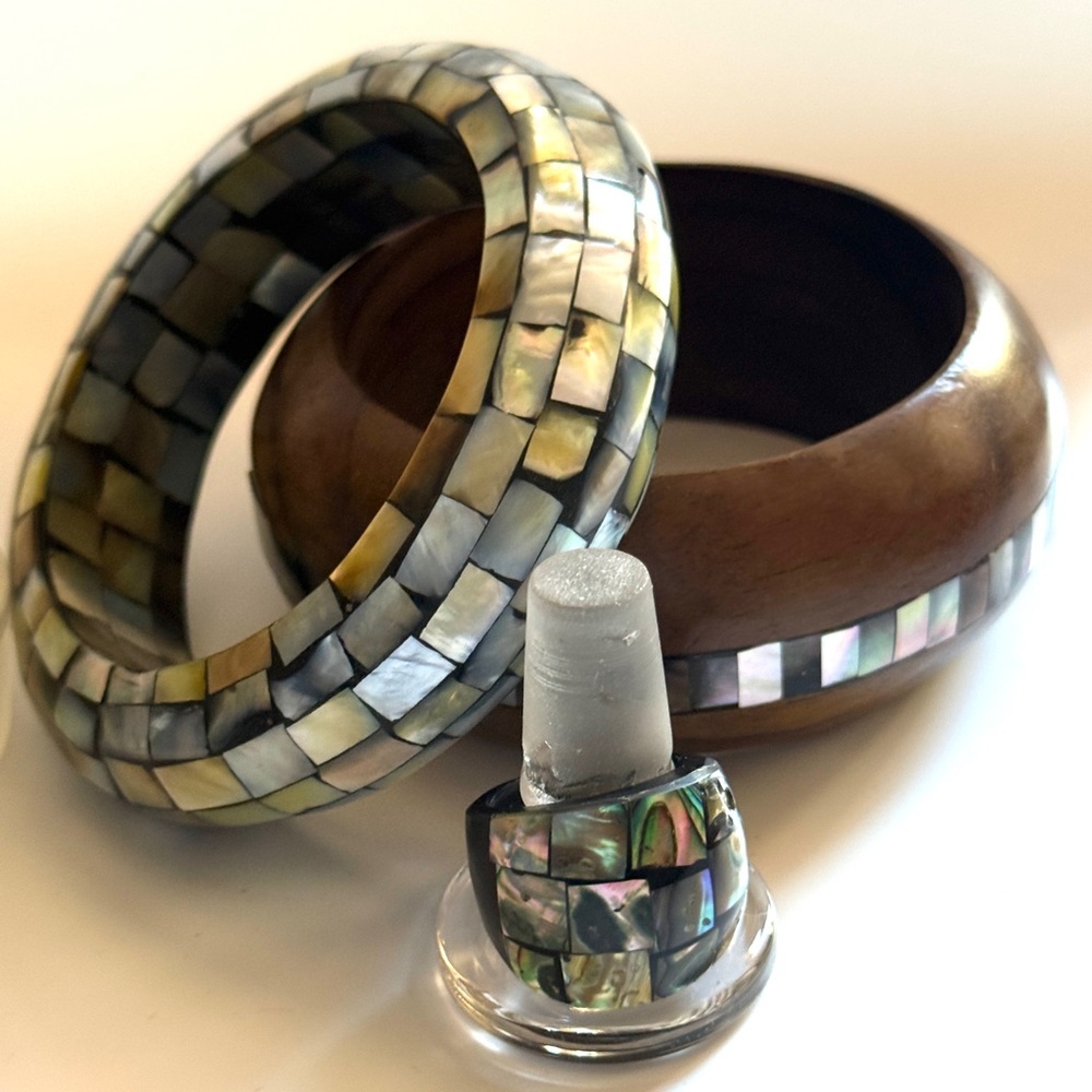 2 Big Chunky Bangles & Ring. Beautiful Wood, Abalone Inlay, & Mosaic. Size 7.